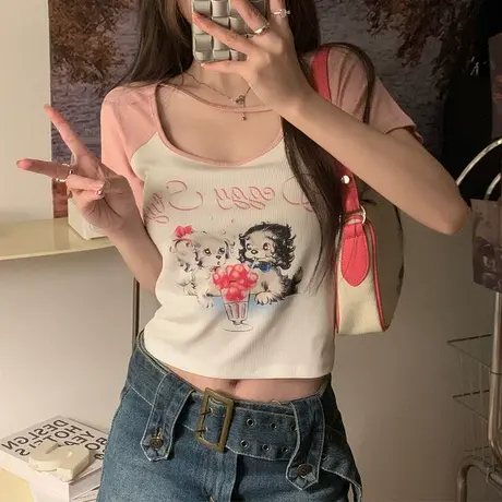 大码胖mm插肩撞色短袖女夏季纯棉正肩t恤短款设计感小众上衣服潮图片