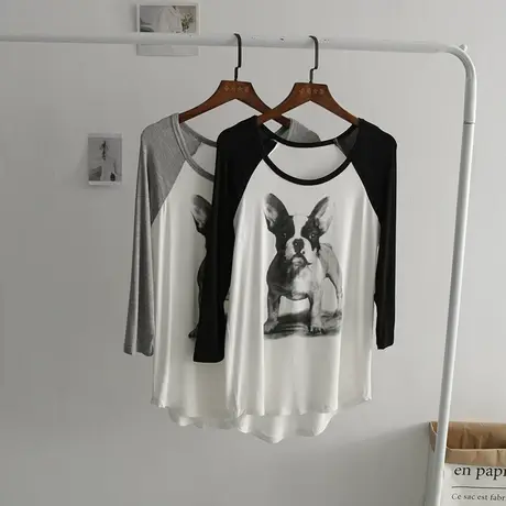 夏季莫代尔小狗印花插肩袖七分袖圆领T恤女宽松大码打底衫上衣潮商品大图