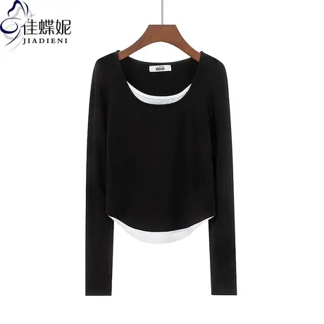 秋冬韩版圆领撞色假两件下摆圆弧修身纯棉长袖上衣内搭女打底T恤商品大图