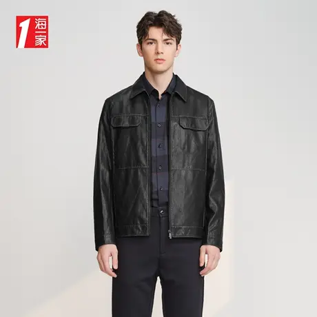 海一家简约翻领外套2023秋季新款时尚口袋装饰男士PU皮夹克商品大图