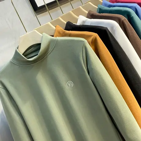 秋冬季新款中领双面绒男长袖T恤打底衫潮加绒加厚韩版半高领卫衣图片