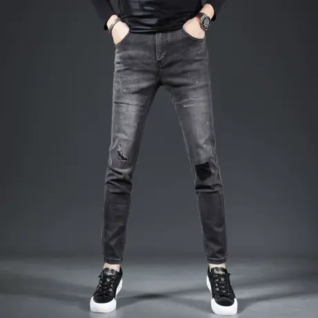 潮牌破洞九分牛仔裤男修身小脚裤2023新款秋季弹力男款裤子春秋款商品大图