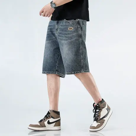 牛仔裤男宽松直筒大码弹力休闲薄款夏季五分中裤马裤子男日系哈伦商品大图