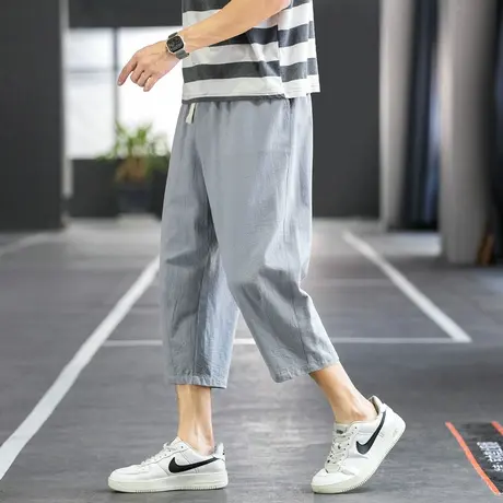 亚麻短裤男夏季薄款宽松直筒休闲裤运动裤冰丝透气棉麻七分裤男装商品大图