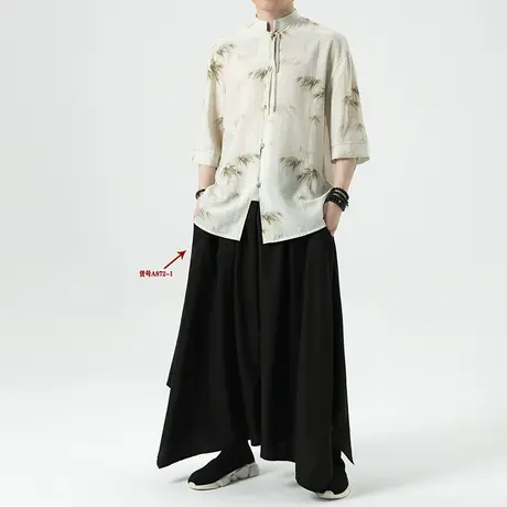 新中式唐装冰丝衬衫男短袖中国风男装盘扣衬衣暗黑系七分袖套装潮商品大图