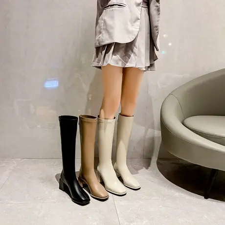 不过膝长靴女粗跟2022年秋冬季新款气质小个子长筒靴英伦风瘦瘦靴商品大图