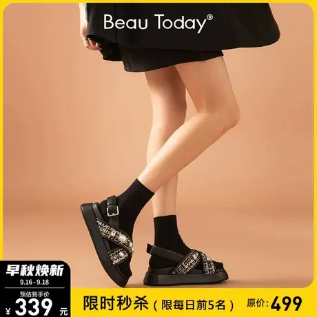 BeauToday2023新款厚底凉鞋女平底真皮松糕小香风凉鞋一字扣女鞋商品大图