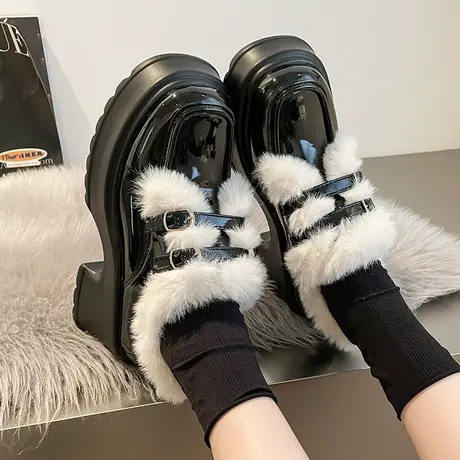 厚底毛毛鞋女秋冬外穿高级感2023新款加绒小皮鞋增高跟鞋乐福单鞋图片