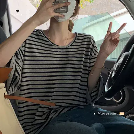 胖mm大码夏季薄款短袖T恤女装休闲宽松韩版显瘦条纹遮肉上衣200斤图片