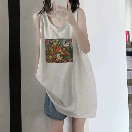 美式纯棉吊带坎肩背心无袖t恤女夏季外穿篮球服宽松港风挂脖上衣商品大图