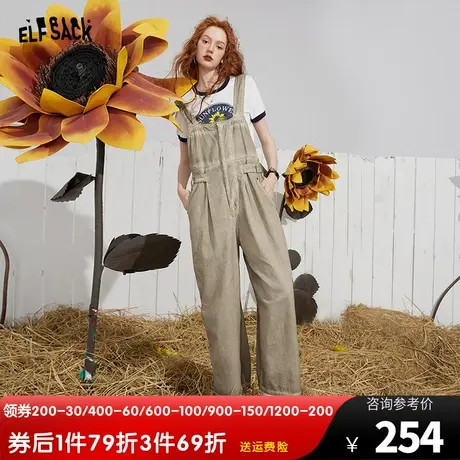 妖精的口袋复古牛仔背带裤女2023夏季新款宽松收腰显瘦直筒长裤潮商品大图