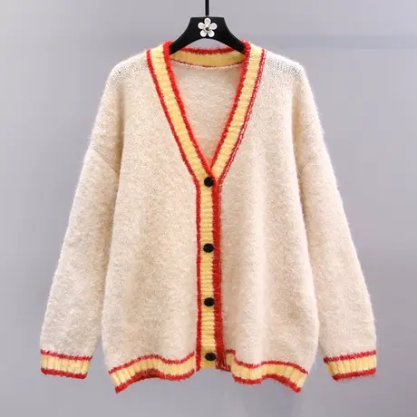 日系慵懒风撞色V领毛衣外套女秋冬2023新款宽松单排扣V领针织开衫图片