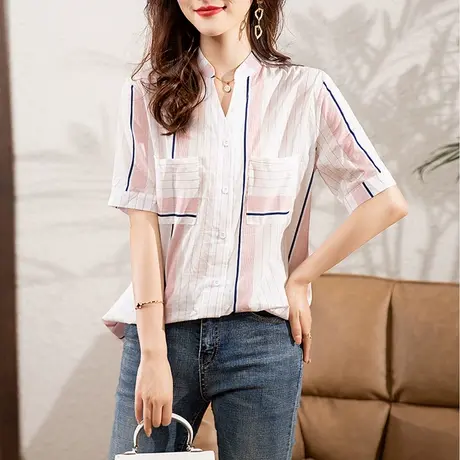 粉色竖条纹衬衫女2023夏季新款设计感小众短袖休闲宽松大码衬衣女图片
