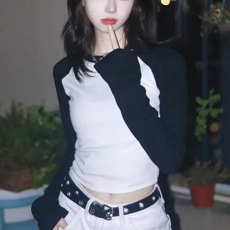 欧货正肩T恤女长袖2023秋季新款撞色修身打底衫内搭短款紧身上衣商品大图