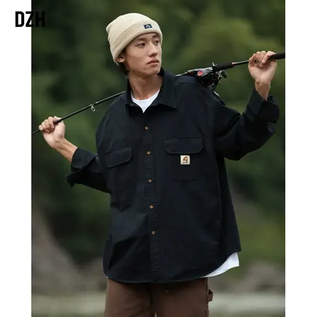 男士黑色工装衬衫外套休闲衬衣长袖男设计感高级痞帅男装日系纯棉商品大图