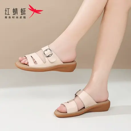 红蜻蜓女士厚底一字拖拖鞋女新款外穿夏季凉拖鞋真皮半拖夏天坡跟商品大图