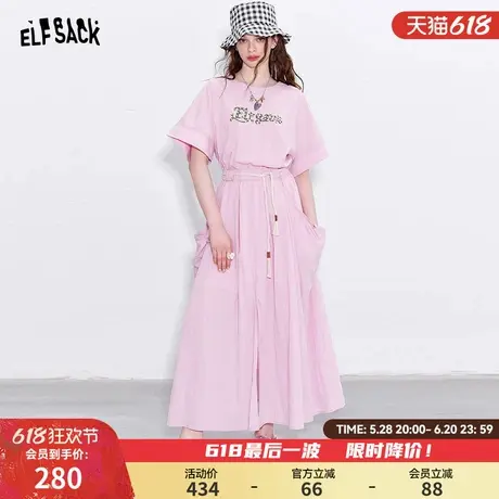 妖精的口袋粉色字母印花短袖t恤连衣裙女2025春新款休闲显瘦裙子图片
