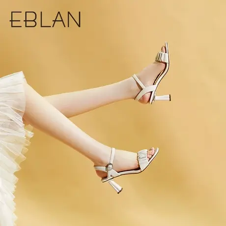 伊伴2023夏季女鞋一字带时装凉鞋高跟羊皮云朵凉鞋方头B23355053商品大图