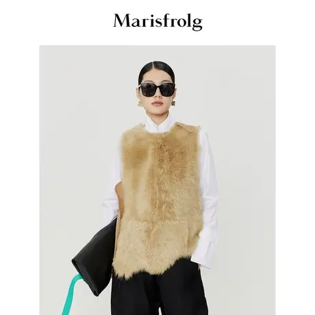 【皮草马甲】玛丝菲尔冬季卡其色短款夹克羊皮革皮衣马甲图片