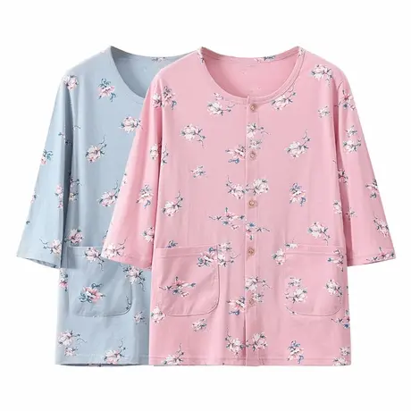 纯棉睡衣女中老年妈妈对襟开衫七分袖家居服上衣夏宽松大码空调衫商品大图