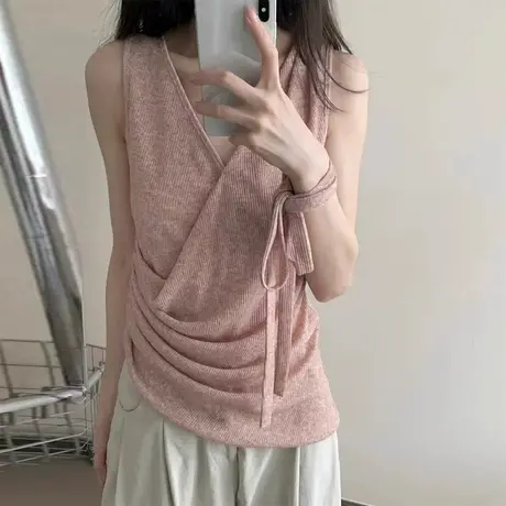 不规则飘带设计感无袖背心女夏季韩版修身气质高级感吊带上衣T恤图片