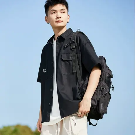 唐狮新款工装衬衫男翻领文字绣花短袖衬衣美式复古重磅外套潮图片