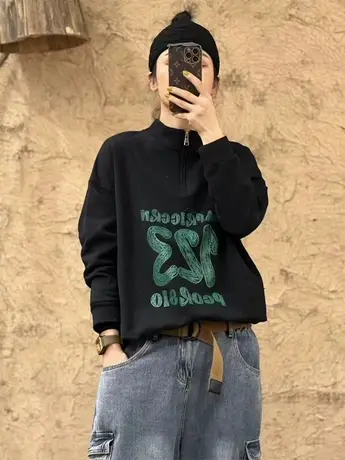 半拉链立领卫衣女短款宽松百搭休闲时尚2023早秋季新款外穿上衣潮商品大图