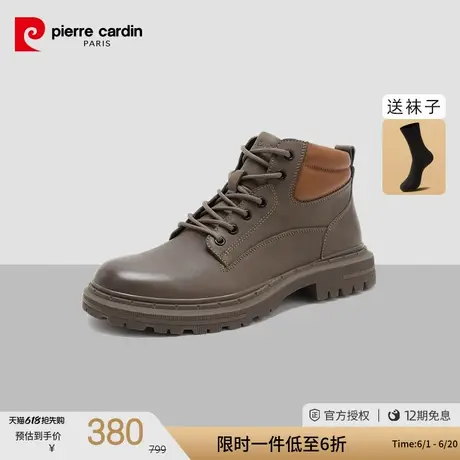 皮尔卡丹男靴2022秋冬新款欧美真皮高帮工装靴系带透气显高靴子男商品大图