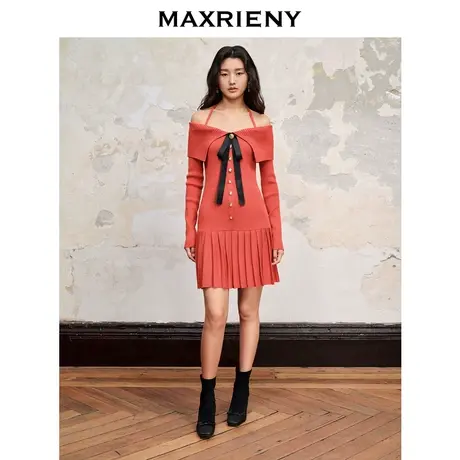 【商场同款】MAXRIENY甜美复古感翻领蝴蝶结毛织连衣裙23秋冬裙子图片