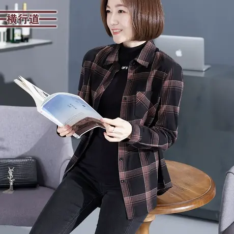 韩版格子长袖全棉衬衫2023冬装新款中年妈妈装外套胖mm女上衣衬衣商品大图