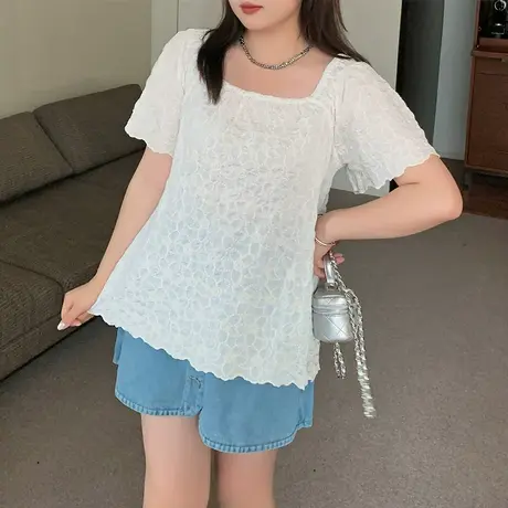 2023夏季新款大码女装复古方领绣花显瘦胖MM短袖蕾丝雪纺衫上衣女商品大图