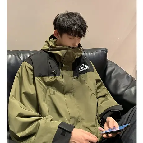 户外秋季新款冲锋衣工装夹克男oversize潮流撞色拼接宽松连帽外套图片