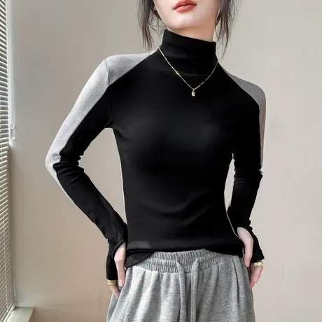 双面绒高领打底衫女秋冬新款拼色修身显瘦百搭保暖套手指长袖t恤商品大图