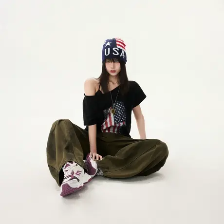 美式复古潮牌高街拼接弯刀牛仔裤女春秋新款宽松休闲阔腿拖地长裤商品大图