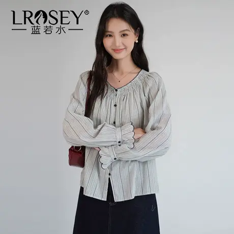 蓝若水大码女装设计感打揽条纹衬衫2025秋装新款复古喇叭袖上衣YL图片