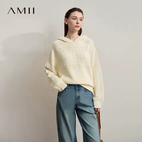 Amii2025秋新款极简通勤休闲宽松连帽弹力立体钩花插肩袖毛衣女款商品大图