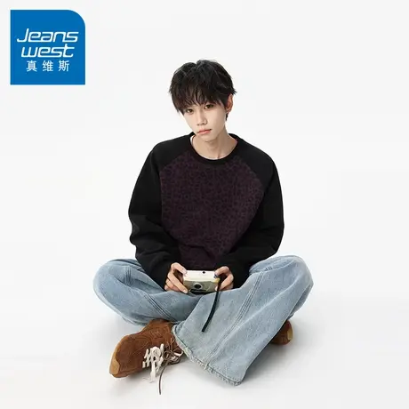 N5真维斯男士圆领卫衣2025新款秋季美式宽松豹纹撞色男生春秋上衣商品大图