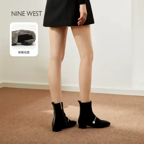 Nine West/玖熙百搭短靴女秋冬加绒爆款靴子珍珠弹力瘦瘦靴显高图片