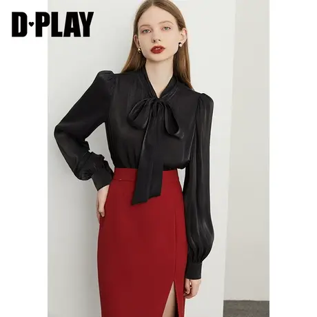 DPLAY春新法式优雅系带蝴蝶结经典黑泡泡袖气质通勤衬衫商品大图