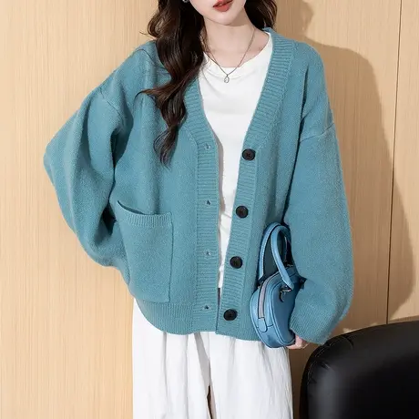 唐狮秋冬季女毛衣慵懒风简约v领开衫外套设计感时尚显白毛线衫tu商品大图