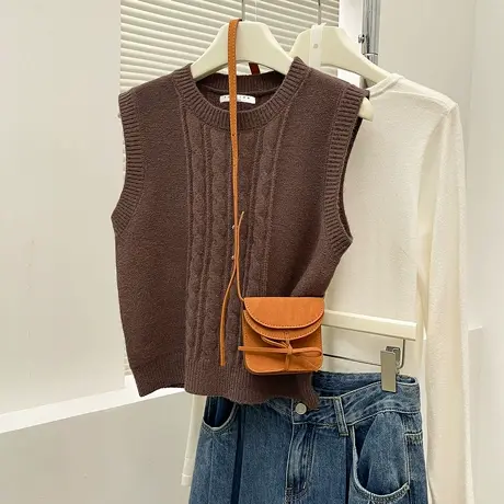 唐狮秋冬毛衣女绞花设计圆领套头马甲外穿高级感百搭休闲背心TM商品大图