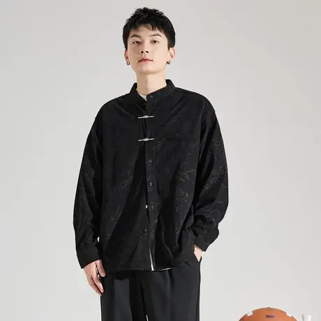 唐狮早秋新款男长袖衬衫男立领新中式竹纹暗纹特殊盘扣长袖衬衫TE图片