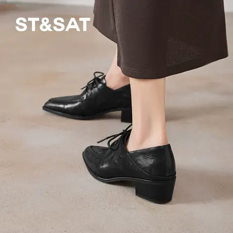 星期六2026春季新款粗跟深口单鞋百搭通勤女鞋黑色系带真皮工作鞋商品大图
