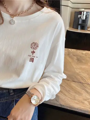 白色仿棉长袖t恤女2023新款秋冬季加绒内搭打底衫小众设计感上衣商品大图