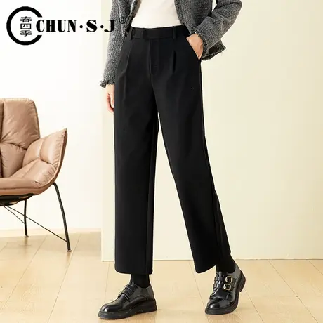 黑色毛呢直筒裤女秋冬季裤子2023新款休闲西裤高腰窄版阔腿裤长裤商品大图