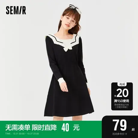 森马连衣裙女修身黑色撞色海军领2022冬新款蝴蝶结学院风女生裙子商品大图