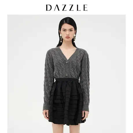 【七七酱专享】DAZZLE地素奥莱 春季复古泡泡袖短款V领毛衣开衫女图片