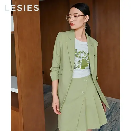 LESIES蓝色倾情春秋线下专柜抹茶绿A版侧边压褶淑女腰裙半身裙图片