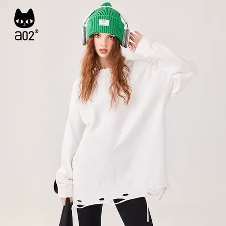 a02遮肉显瘦2023春秋冬季甜酷加厚磨毛通勤破边宽松版百搭长袖白T商品大图