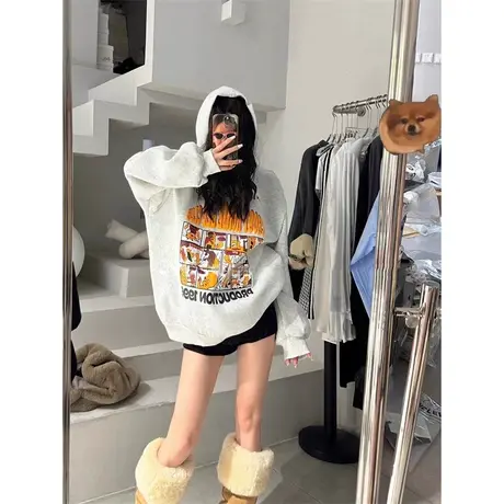 2023冬季新款字母印花宽松慵懒休闲中长款加绒加厚连帽卫衣外套女商品大图